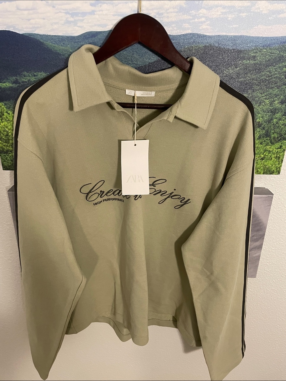 Zara Olive Green Collared Sweatshirt with Black Stripe Detail